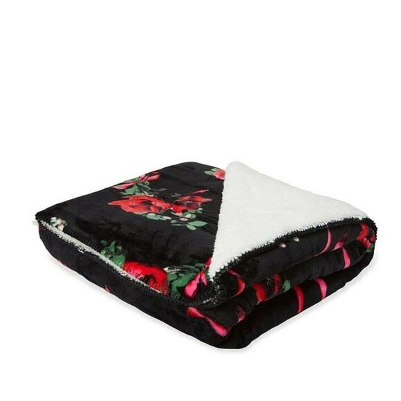 VICTORIA'S SECRET Black Floral Sherpa Fleece Flannel Blanket - Picture 8 of 9